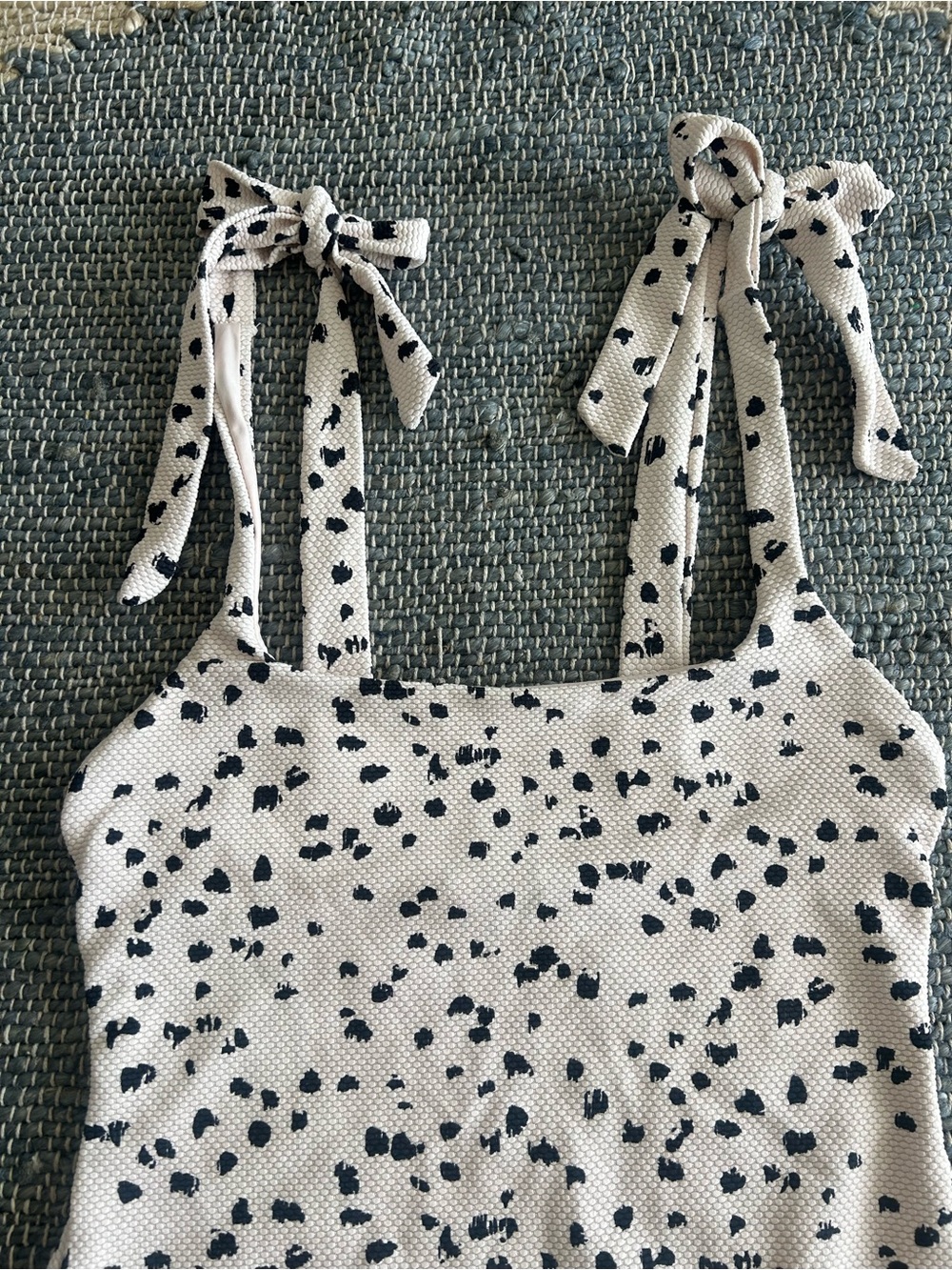 Eberjey Tie Shoulder One Piece Swimsuit Textured Spotted Ivory Black Size S - Picture 3 of 8